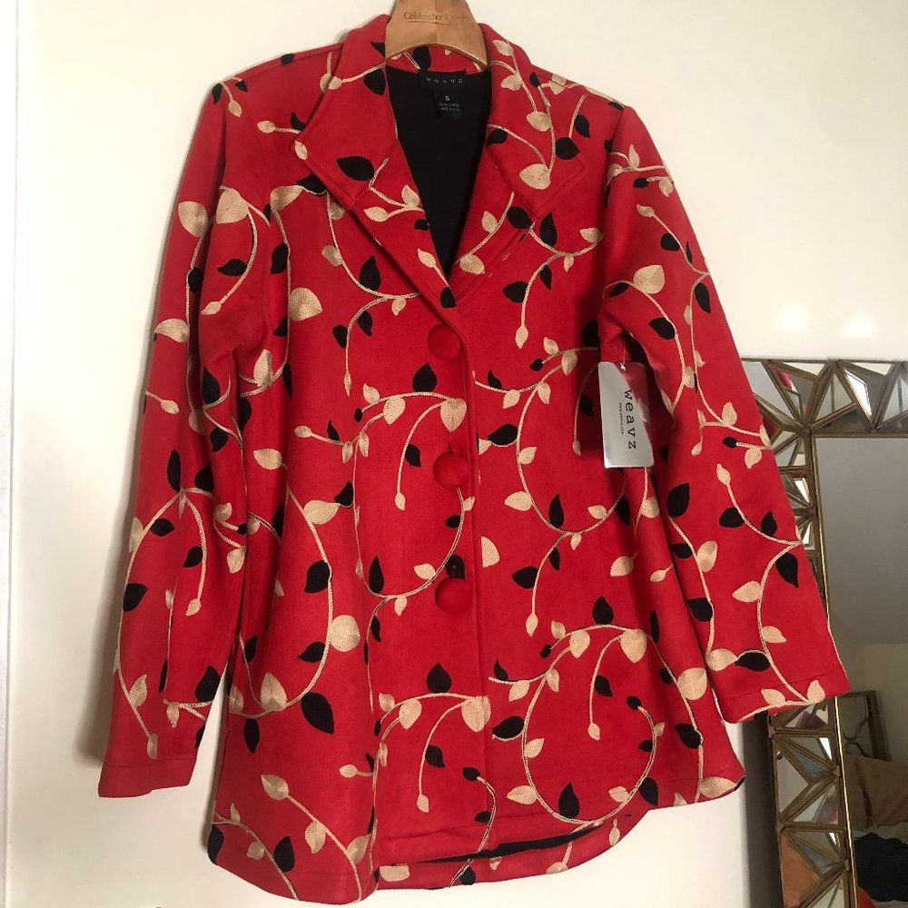 NWT WEAVZ JACKET RED BLACK TAN LEAVES SIZE S